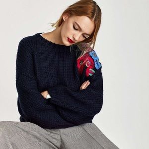 Zara navy floral embroidered sweater